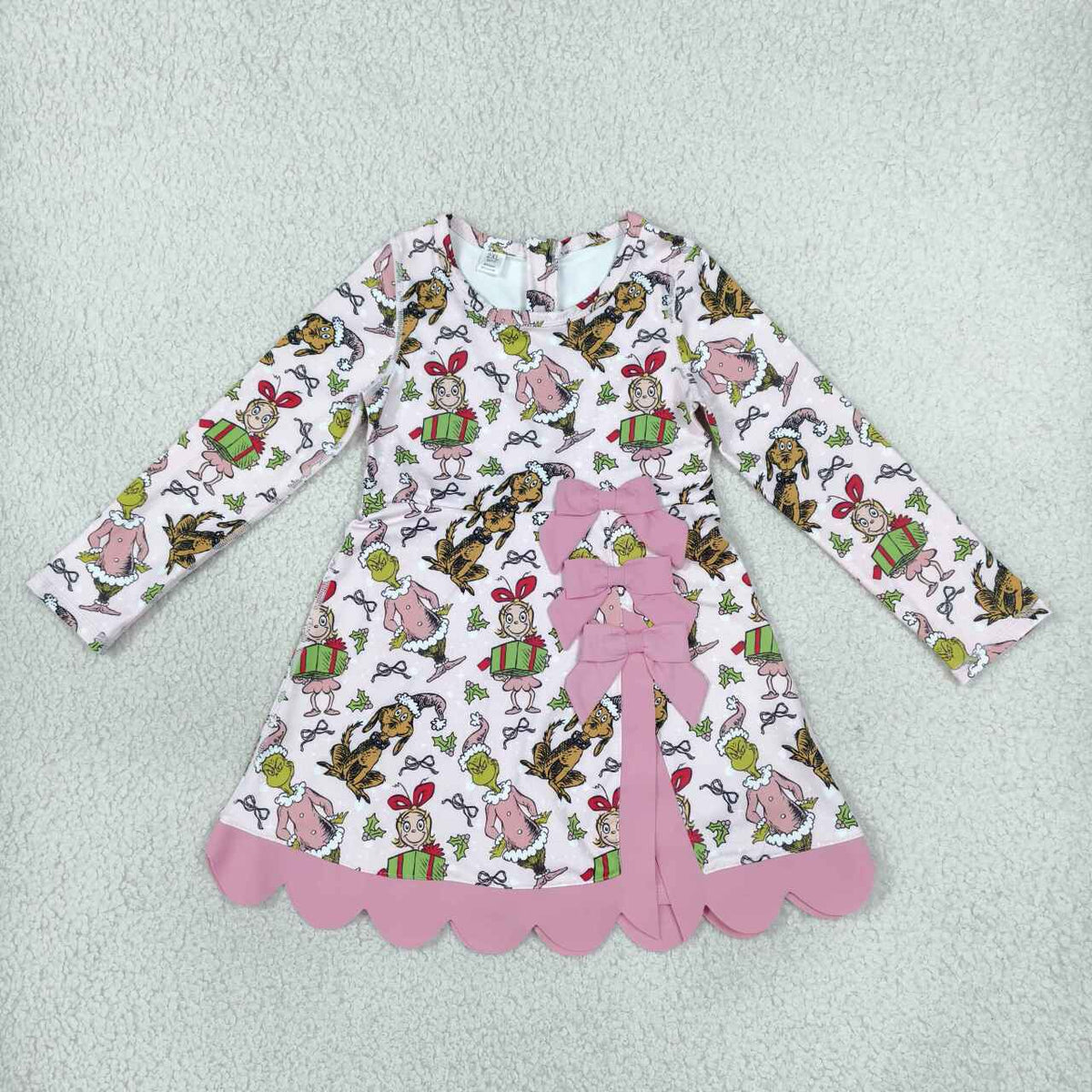 Green Frog Pink Bows Baby Girls Christmas Long Sleeve Active Dress With Bow