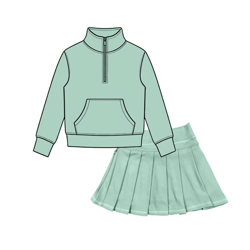 6.30 Preorder Girls Mint Green Quarter Zip Pullover & Pleated Skort 2 Piece Active Outfit
