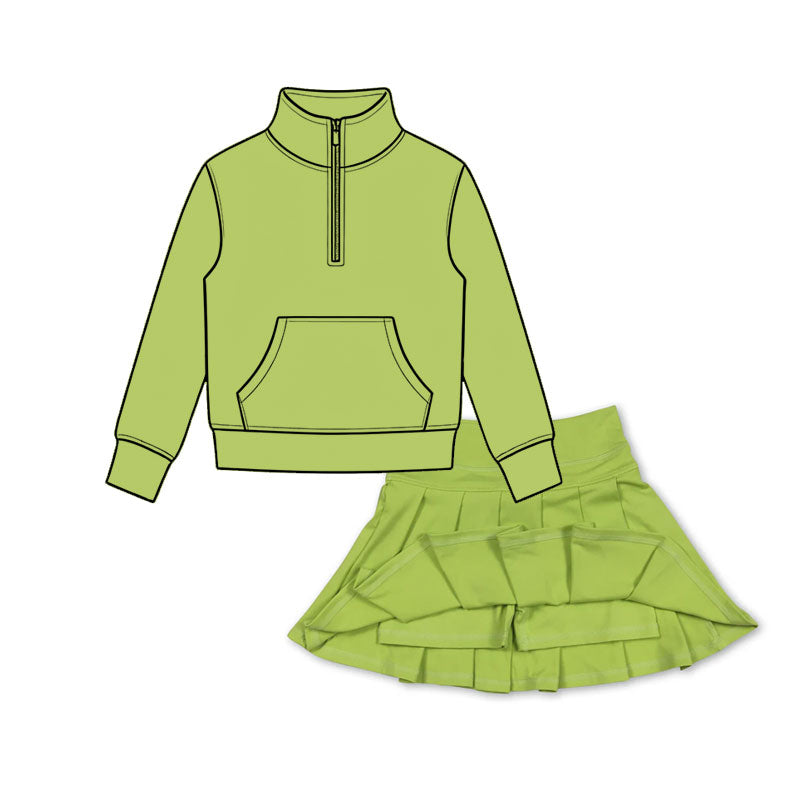 6.30 Preorder Girls Lime Green Quarter Zip Pullover & Pleated Skort 2 Piece Active Outfit