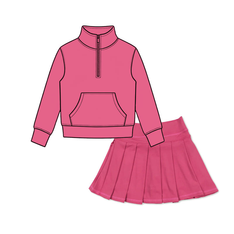 6.30 Preorder Girls Hot Pink Zip Pullover & Pleated Skort 2 Piece Active Outfit