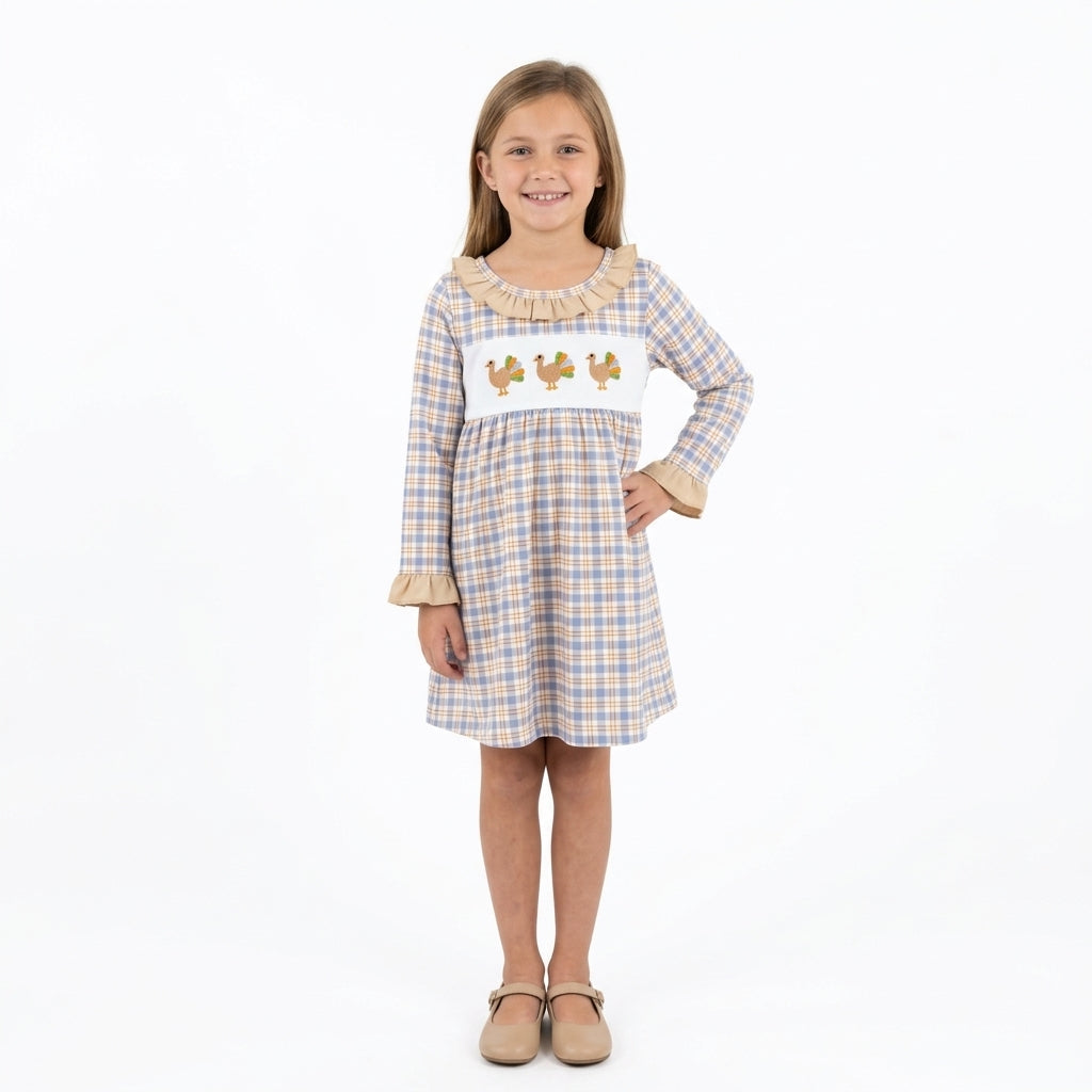 GLD1667 Turkey Embroidery Plaid Print Girls Thanksgiving Dress