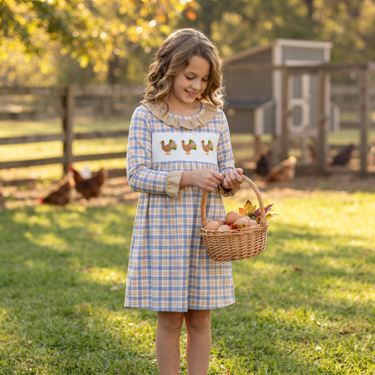 GLD1667 Turkey Embroidery Plaid Print Girls Thanksgiving Dress