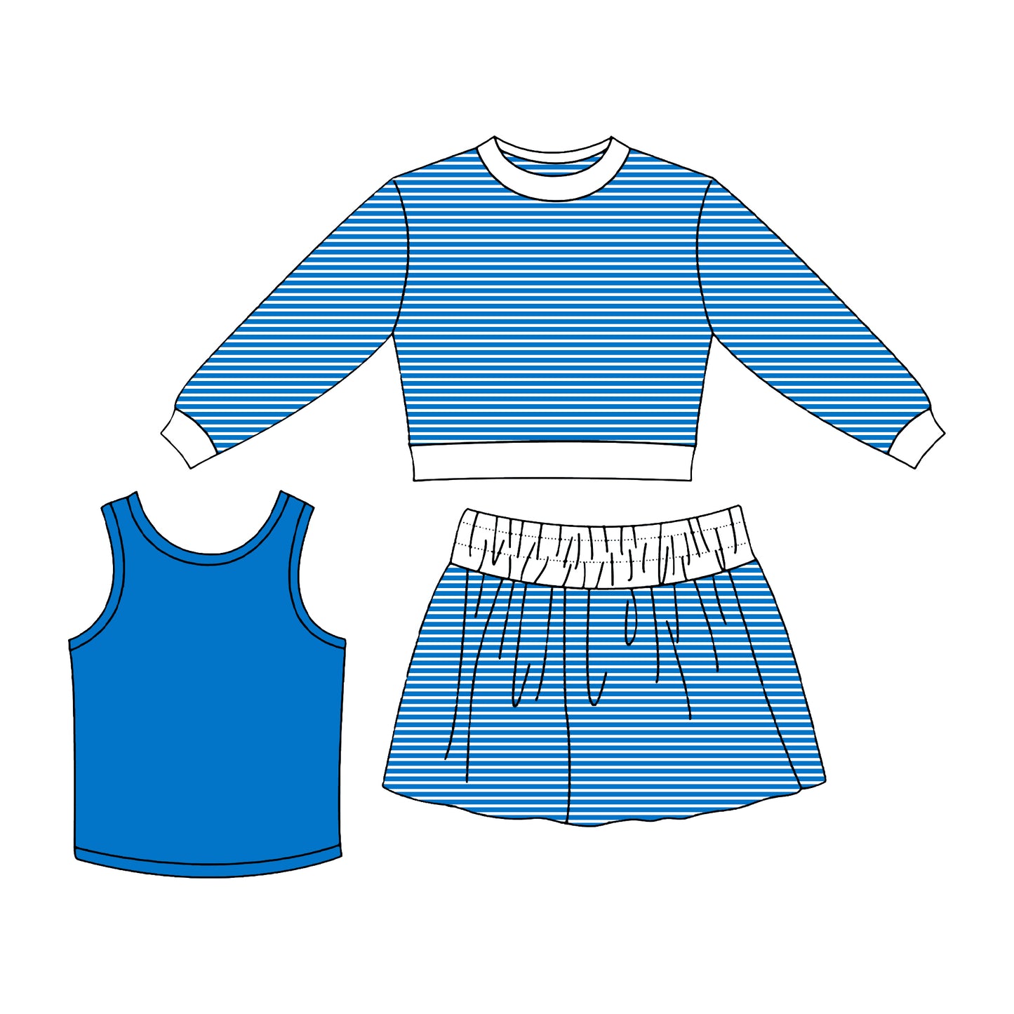 7.2 Preorder Girls Blue White Striped 3 Piece Outfit - Long Sleeve Top, Blue Tank & Striped Skort