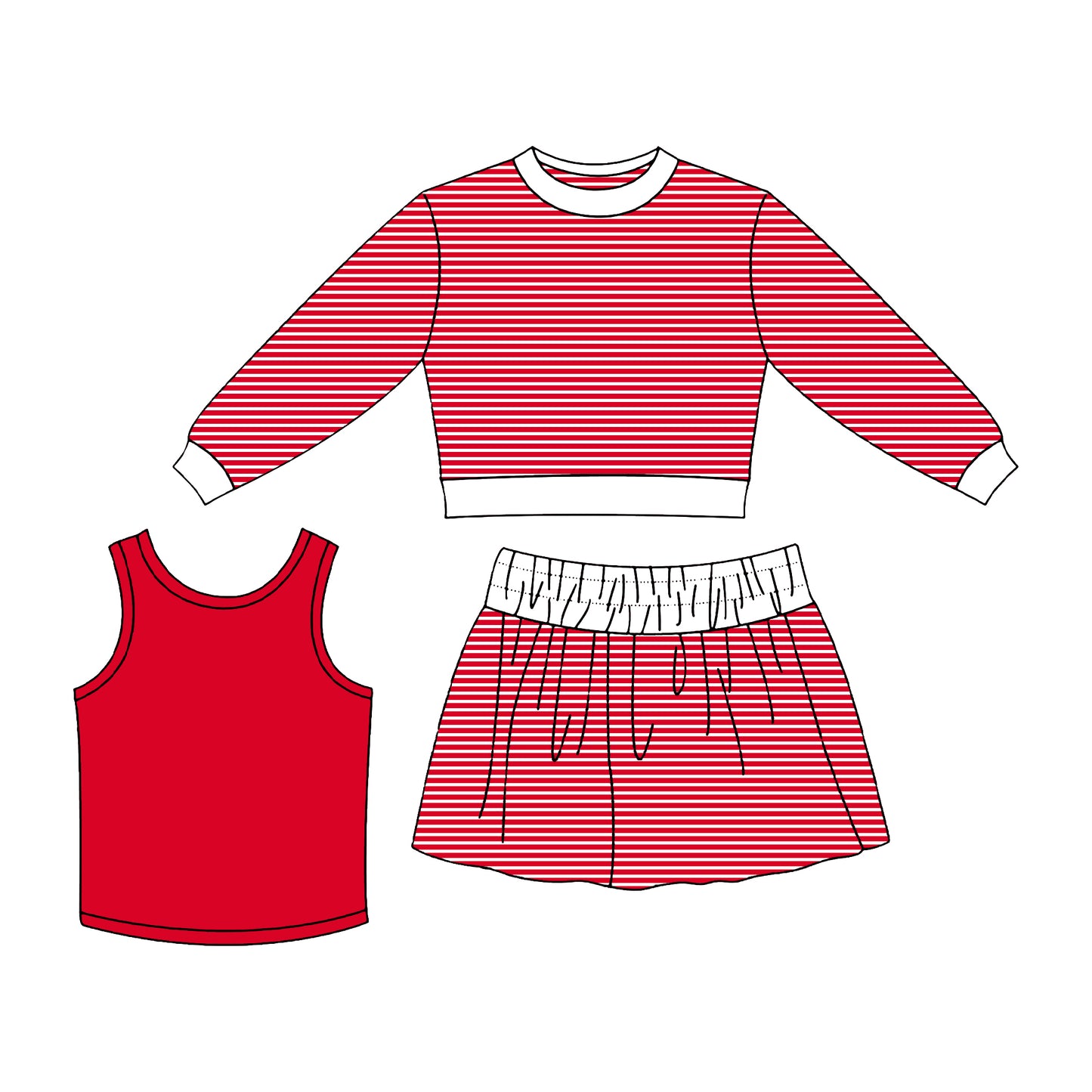 7.2 Preorder Girls Red White Striped 3 Piece Outfit - Long Sleeve Top, Blue Tank & Striped Skort