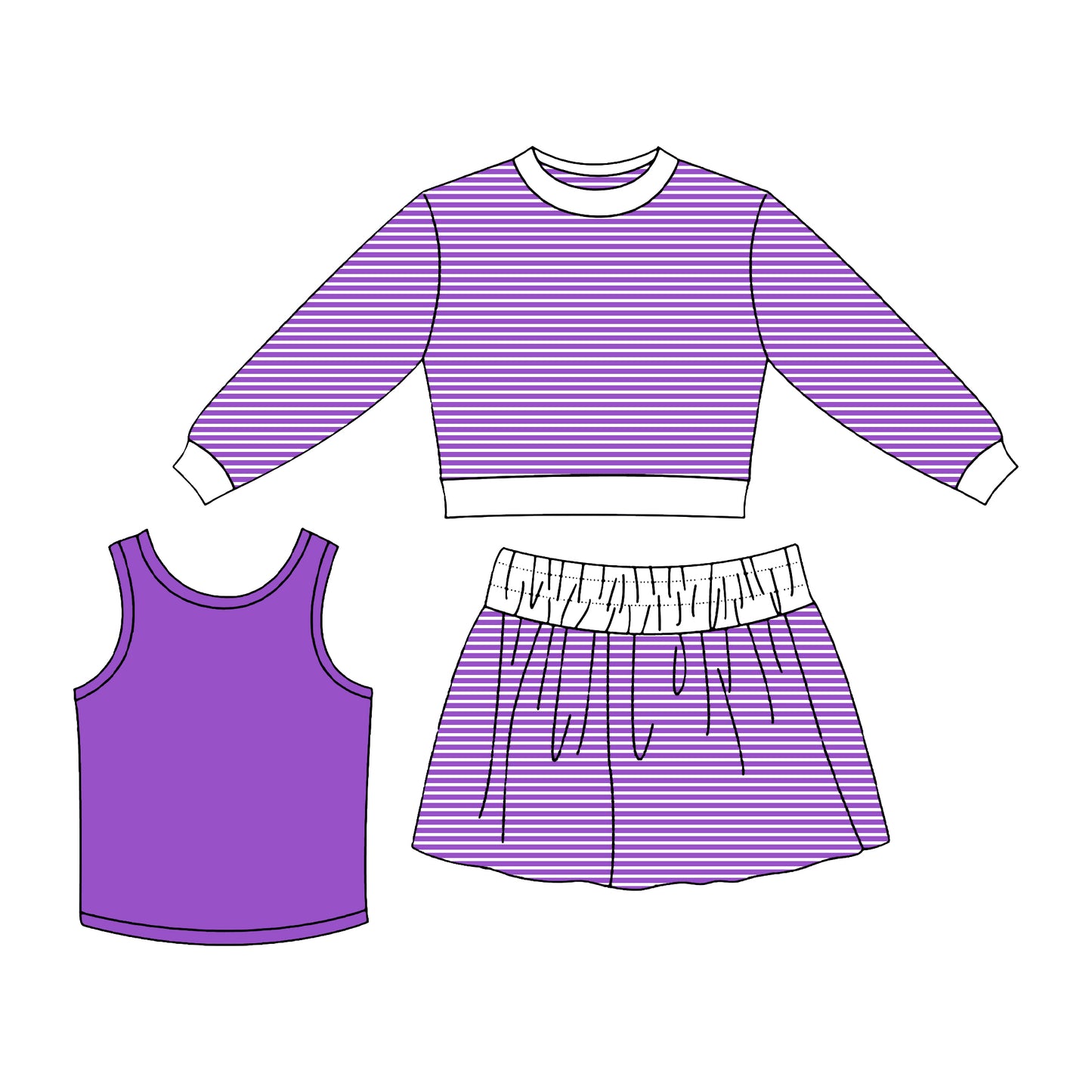 7.2 Preorder Girls Purple White Striped 3 Piece Outfit - Long Sleeve Top, Blue Tank & Striped Skort