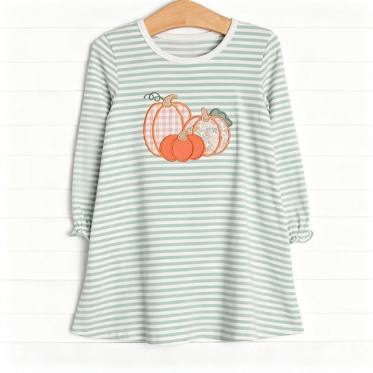 7.4 Preorder GLD1674 Pumpkin Green Stripes Girls Fall Dress
