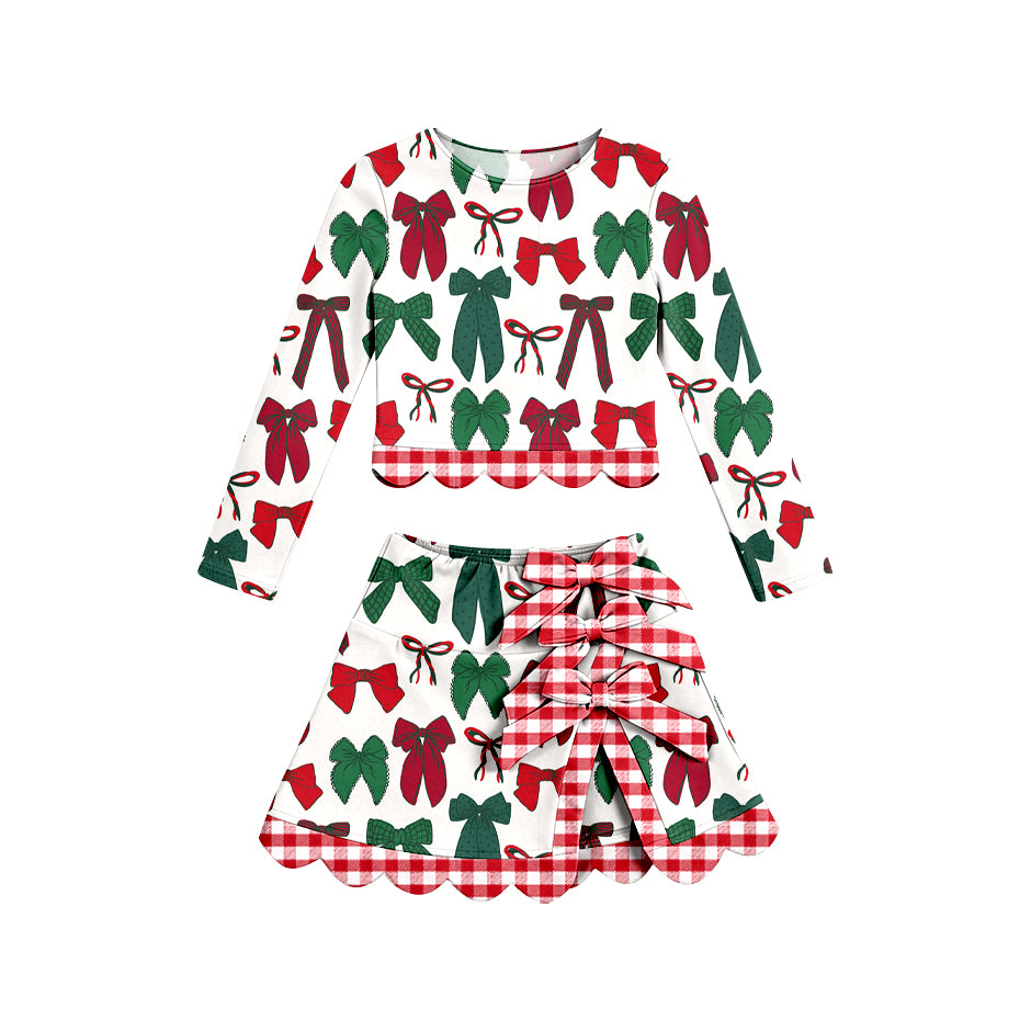 7.6 Preorder KIds Girls Christmas  Red Green Bow Leoaprd Active Outfit