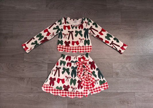 7.6 Preorder KIds Girls Christmas  Red Green Bow Leoaprd Active Outfit