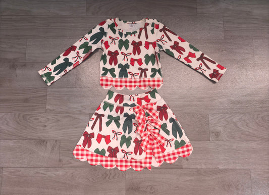 7.6 Preorder KIds Girls Christmas  Red Green Bow Leoaprd Active Outfit