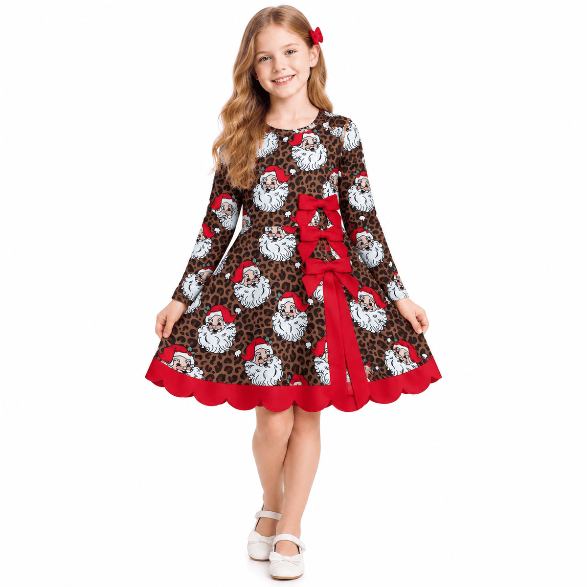 GLD1679 Santa Leopard Print Girls Christmas Long Sleeve Bows Active Dress