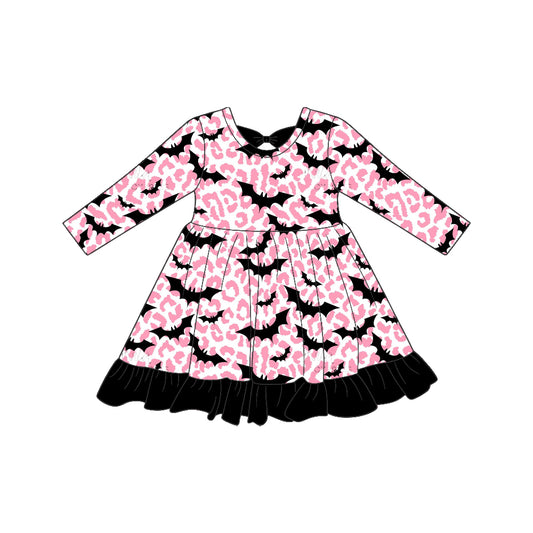 7.6 Preorder KIds Girls Halloween Pink Leopard Bat Long Sleeve Dress