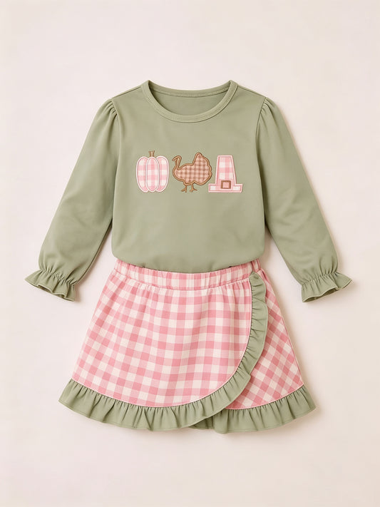 7.6 Preorder KIds Girls Thankgiving Long Sleeve Top With Skort Outfit