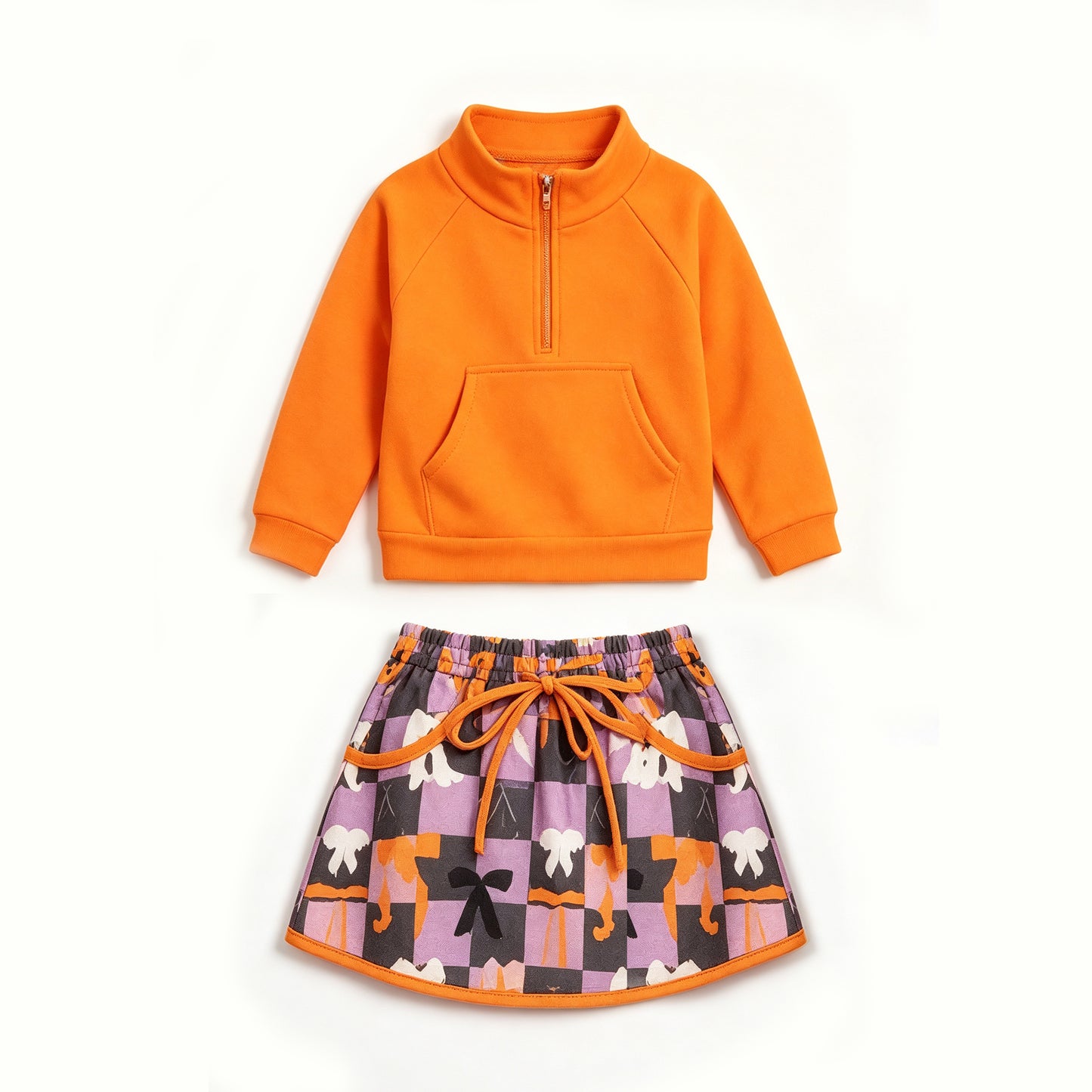 7.11 Preorder Kids Girls Orange Pullover Top with Bow Checked Skort Outfit