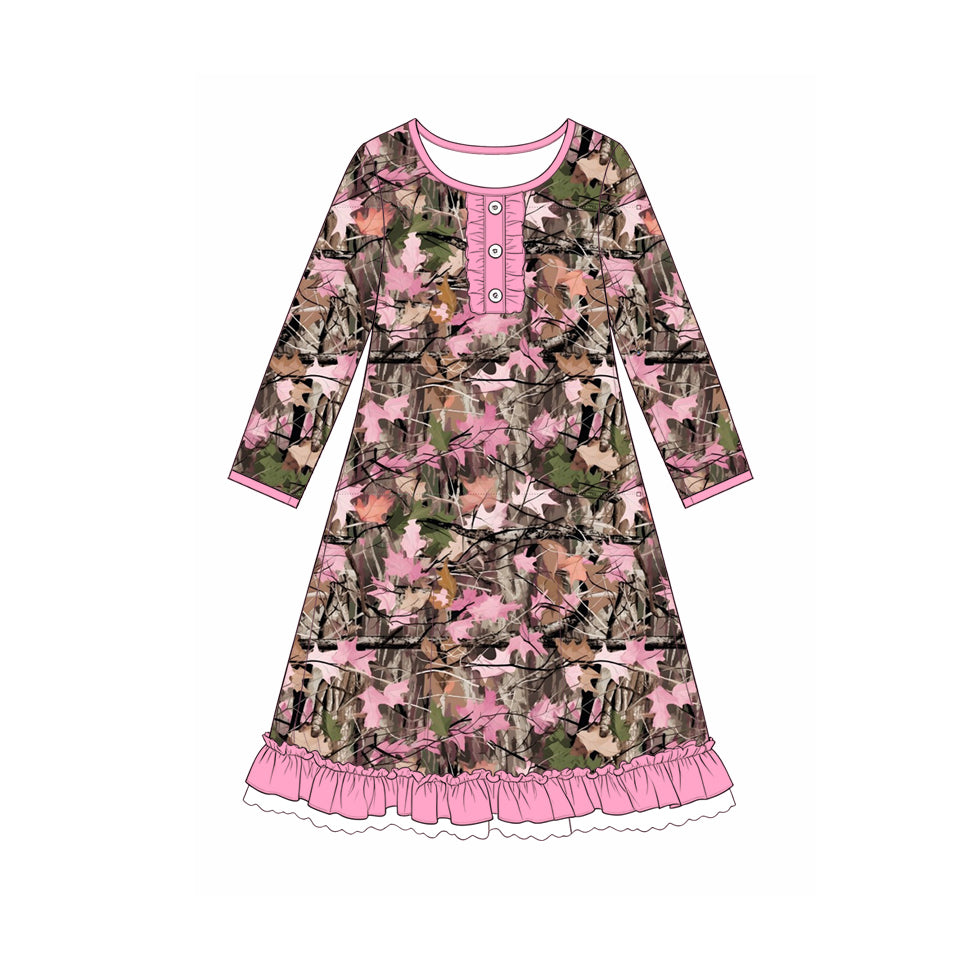 7.13 GLD1688 Preorder Pink Branch Camo Print Girls Fall Long Sleeve Pajamas Gown Dress