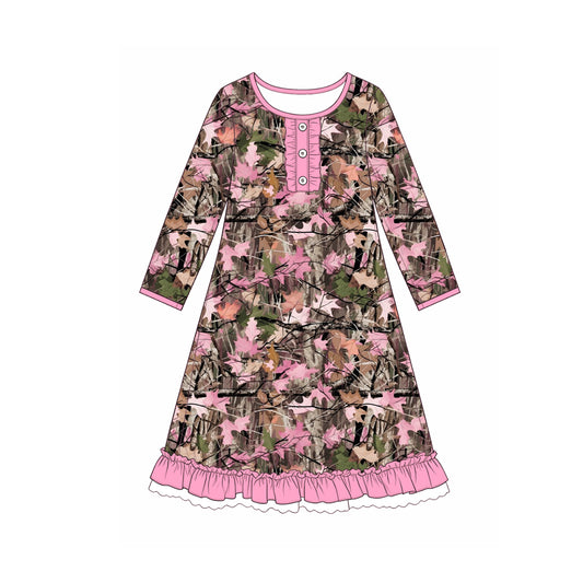 7.13 GLD1688 Preorder Pink Branch Camo Print Girls Fall Long Sleeve Pajamas Gown Dress