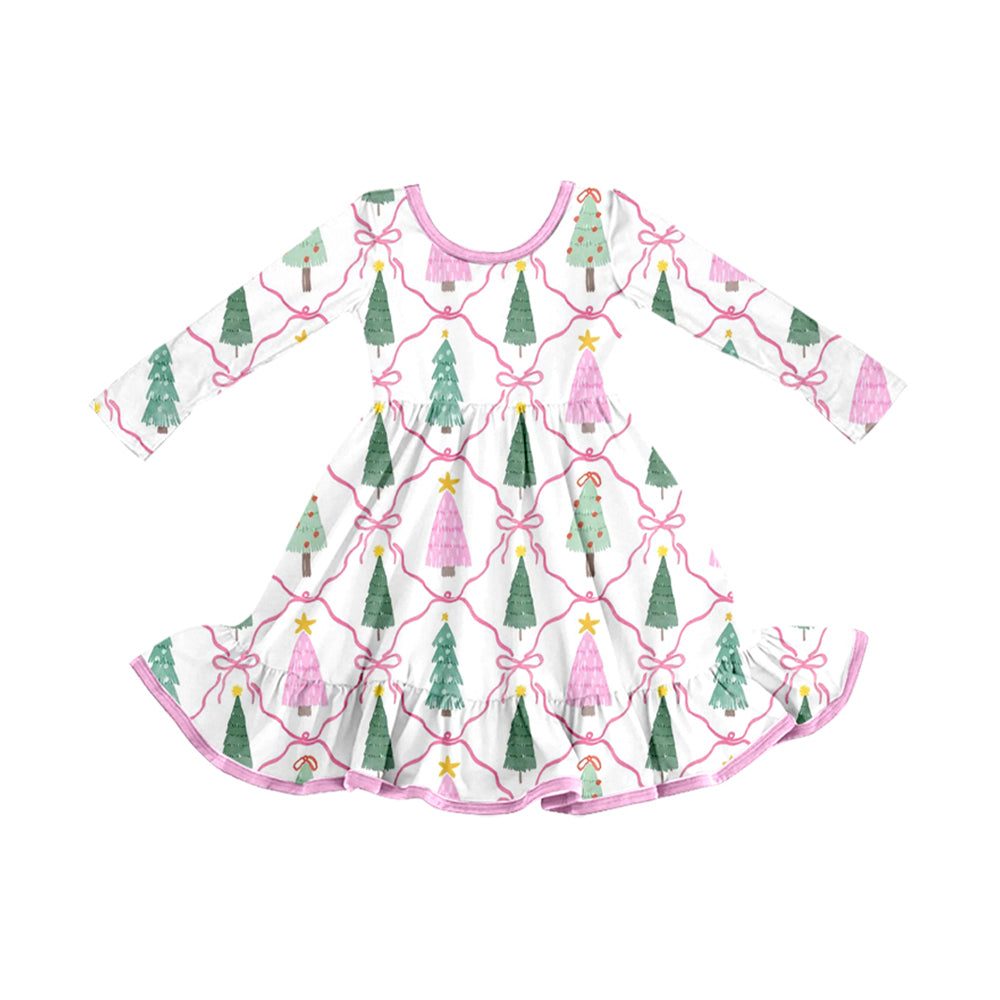 7.15 GLD1690 Preorder Tree Bows Print Girls Christmas Dress