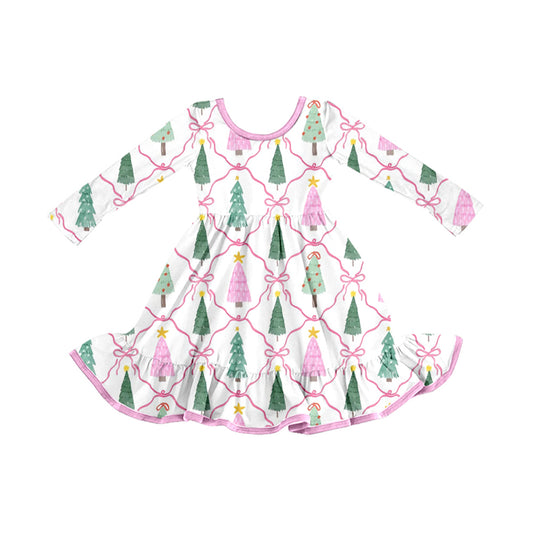 7.15 GLD1690 Preorder Tree Bows Print Girls Christmas Dress