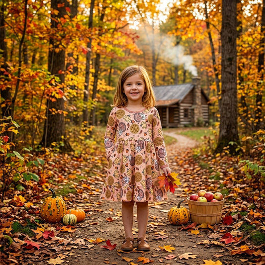 GLD1691 Turkey Pumpkin Pie Print Girls Thanksgiving Long Sleeve Dress