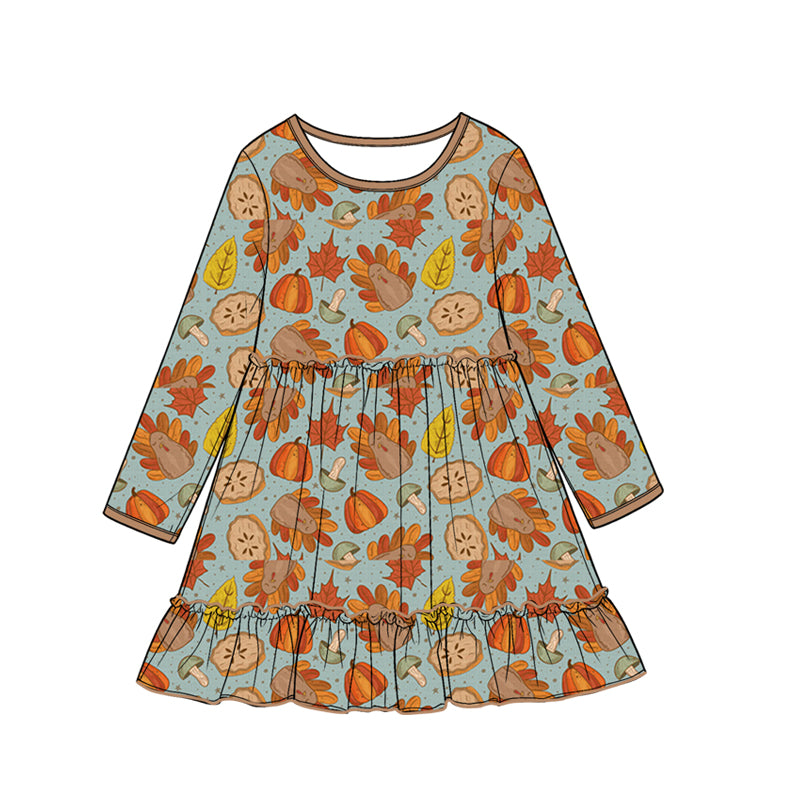 7.16 GLD1692 Preorder Turkey Pumpkin Pie Leaf Print Girls Thanksgiving Dress