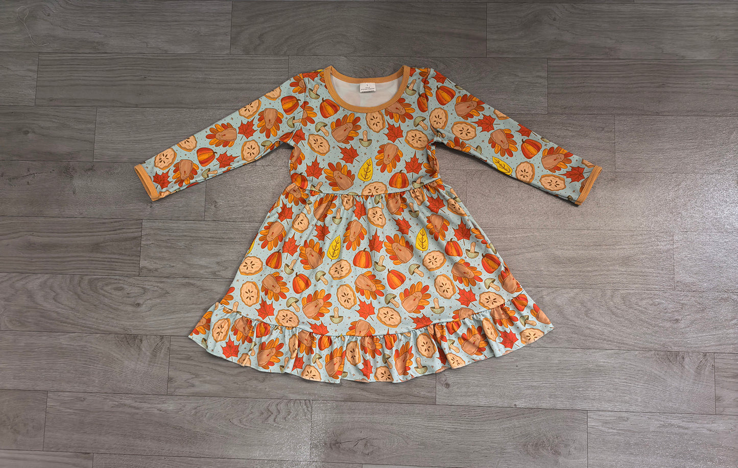7.16 GLD1692 Preorder Turkey Pumpkin Pie Leaf Print Girls Thanksgiving Dress