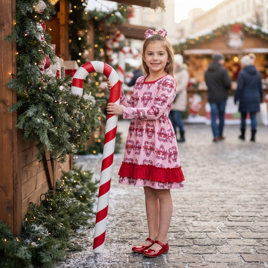 GLD1695 Candy Cane Bows Print Girls Christmas Long Sleeve Ruffle Dress