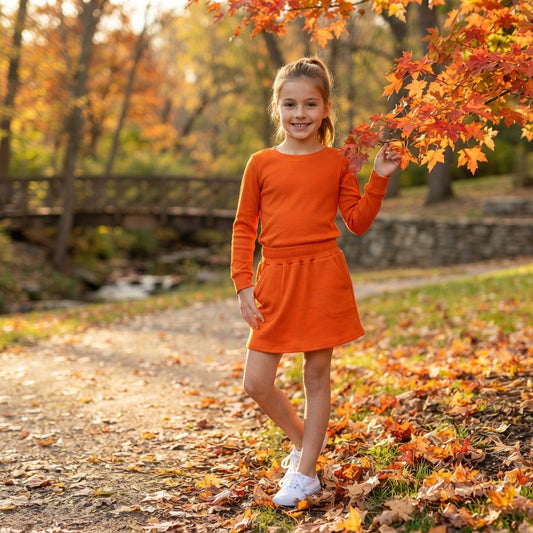 GLD1696 Orange Cotton Long Sleeve Top Pockets Skort Girls Fall Clothes Set