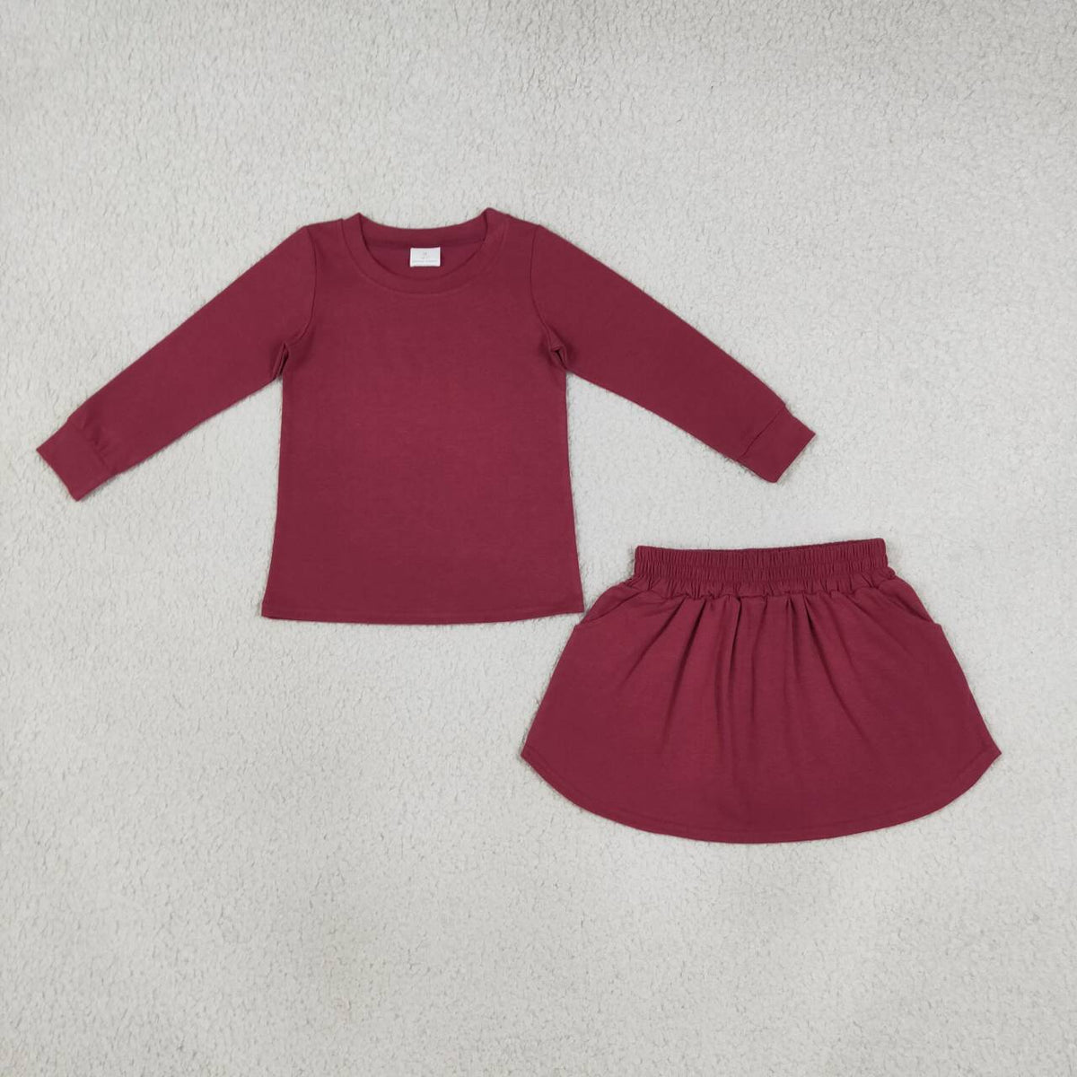 GLD1697 Maroon Cotton Long Sleeve Top Pockets Skort Girls Fall Clothes Set