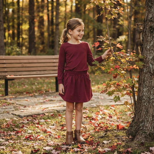 GLD1697 Maroon Cotton Long Sleeve Top Pockets Skort Girls Fall Clothes Set