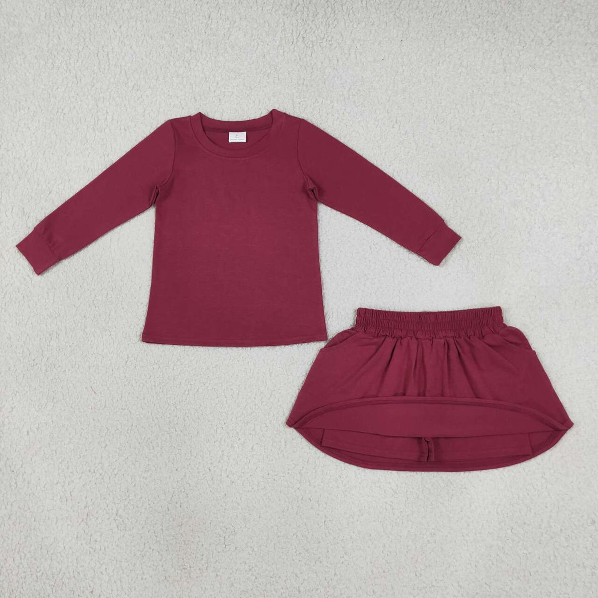 GLD1697 Maroon Cotton Long Sleeve Top Pockets Skort Girls Fall Clothes Set