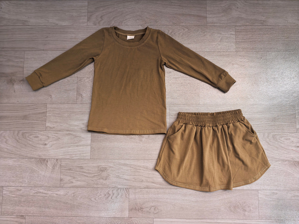 7.20  GLD1698 Preorder Green Cotton Long Sleeve Top Skort Girls Fall Clothes Set
