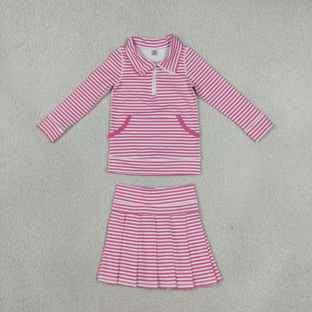 GLD1699 Pink Stripes Zipper Top Pleated Skort Girls Yoga Clothes Set
