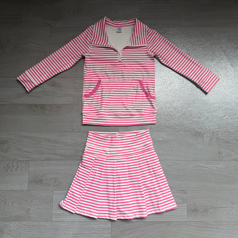 7.21 Preorder GLD1699 Pink Stripes Zipper Top Skort Girls Yoga Clothes Set