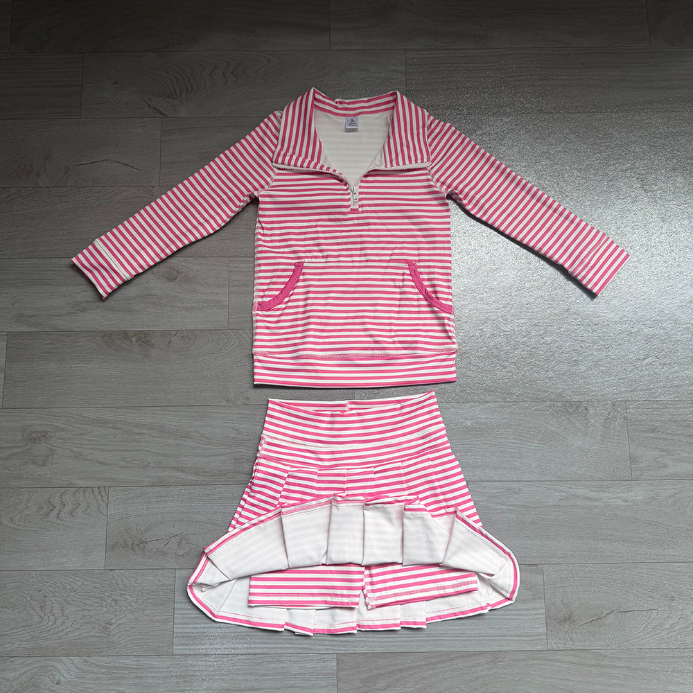 7.21 Preorder GLD1699 Pink Stripes Zipper Top Skort Girls Yoga Clothes Set