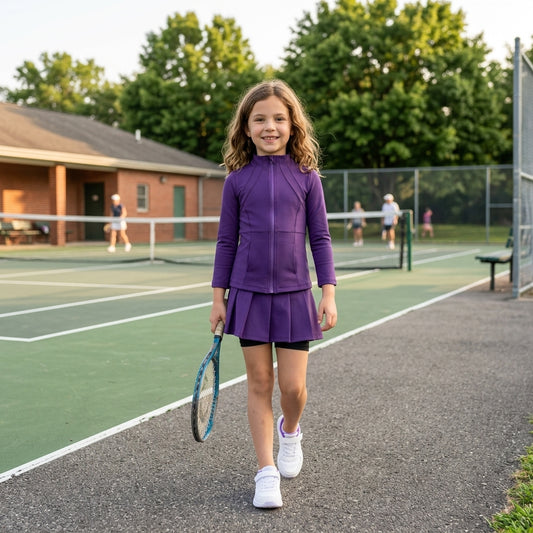 GLD1704 Purple Zipper Top Pleated Skort Girls Yoga Clothes Set