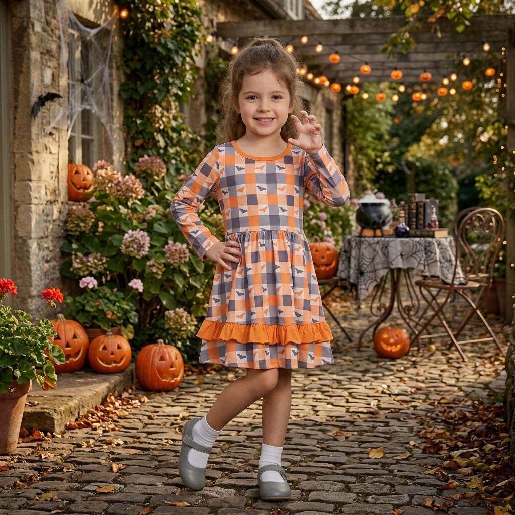 GLD1707 Bat Checkered Print Girls Halloween Ruffle Dress