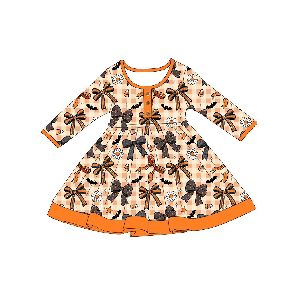 7.23 Preorder Baby Girls Halloween Bow Long Sleeve Dress