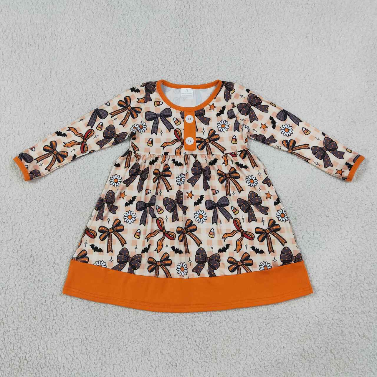 GLD1708 Bows Candy Flowers Bat Print Girls Halloween Knee Length Dresses Dress