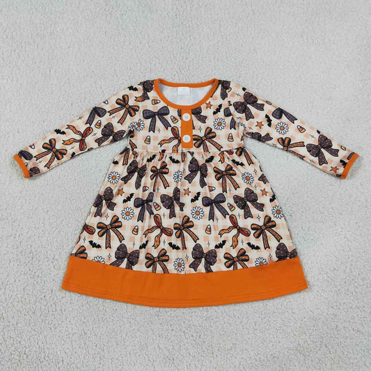 GLD1708 Bows Candy Flowers Bat Print Girls Halloween Knee Length Dresses Dress