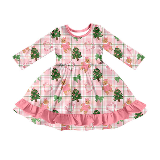 7.28 GLD1714 Preorder Gingerbread Tree Bows Checkered Print Girls Christmas Dress
