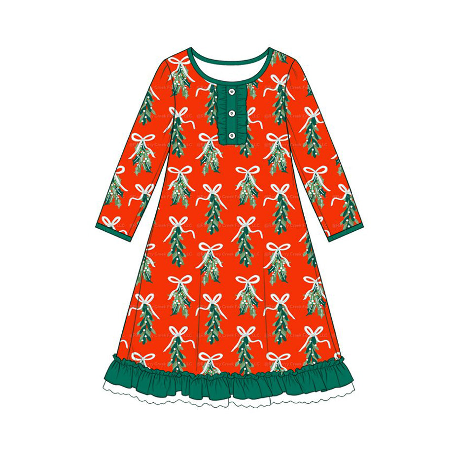 7.29  Preorder Girls Red Christmas Mistletoe Bow Print Long Sleeve Nightgown
