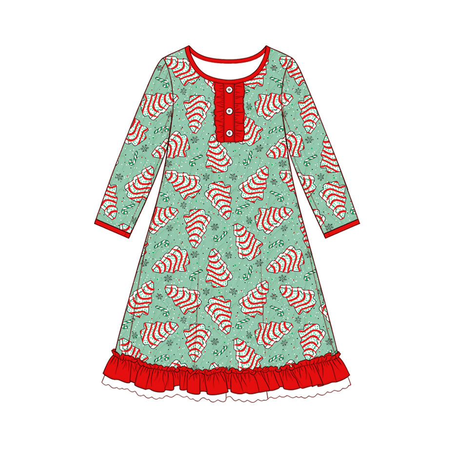 7.29  Preorder Girls Red Christmas Tree Cake Print Long Sleeve Nightgown