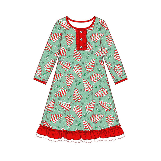 7.29  Preorder Girls Red Christmas Tree Cake Print Long Sleeve Nightgown