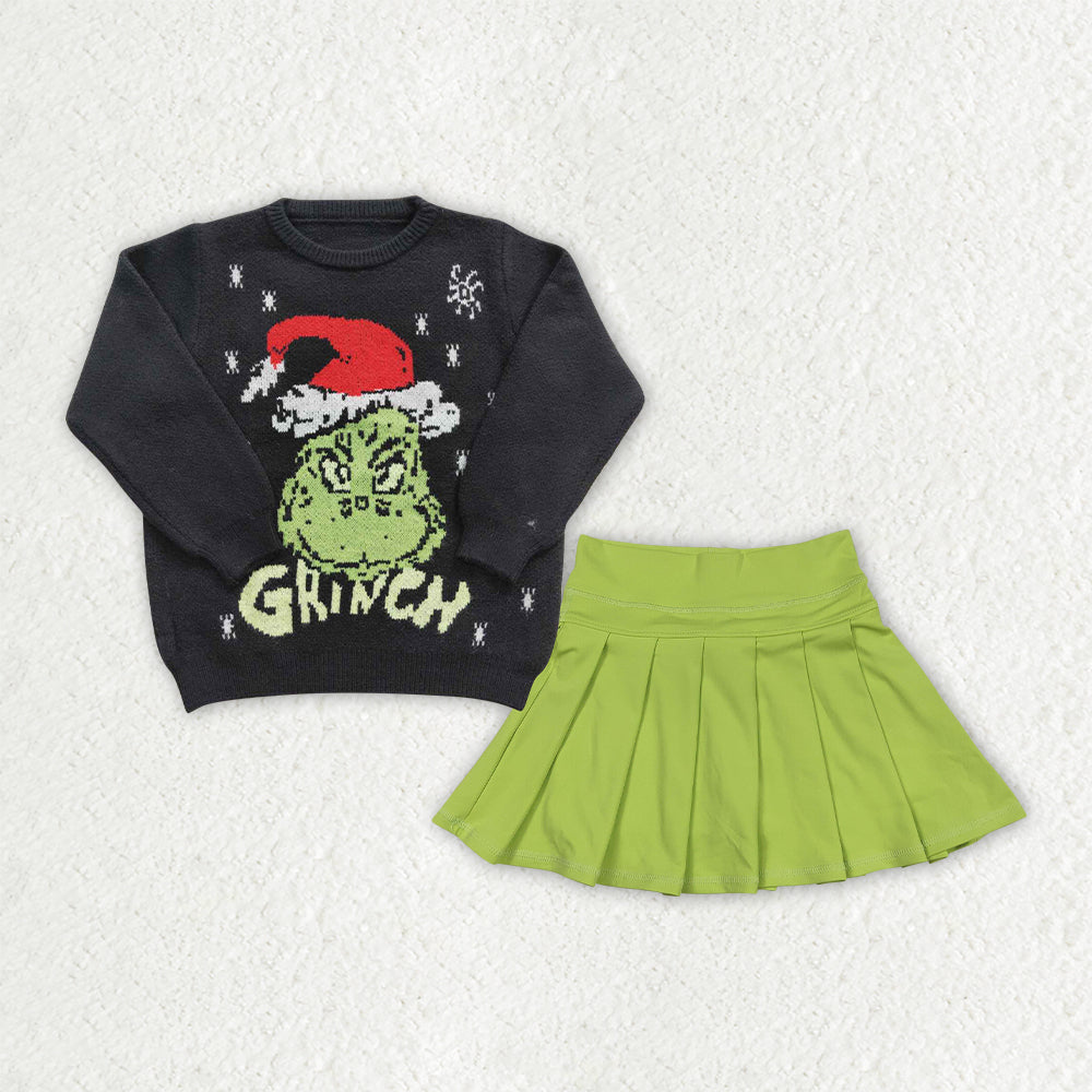 Kids Girls Christmas sweater top with Active Green Skort Set