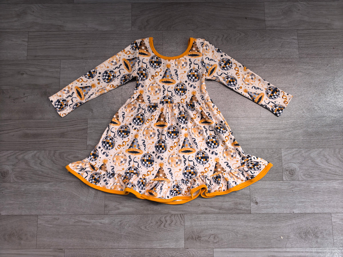 8.1 Preorder  Kids Girls Happy New Year Party Long Sleeve Dress
