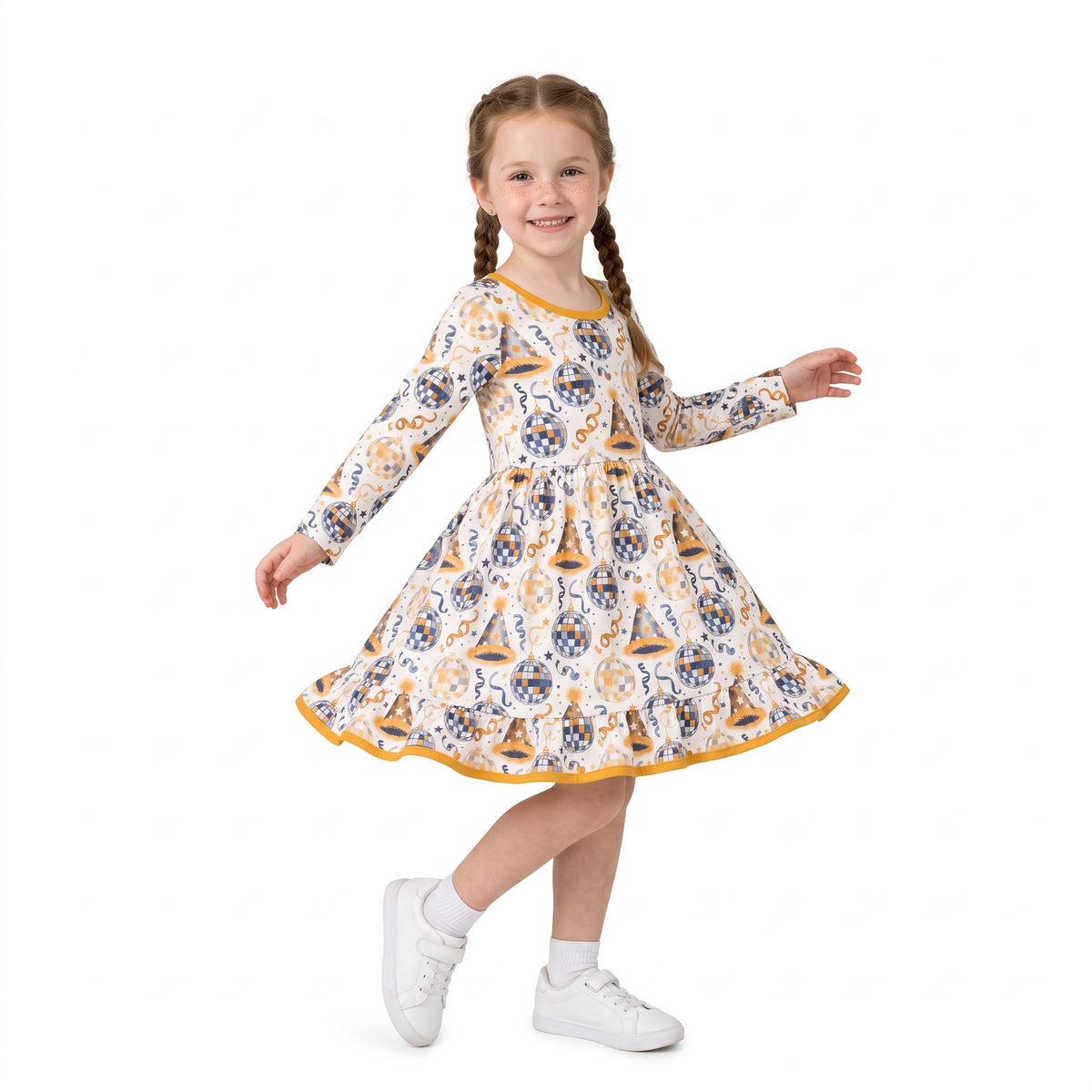 GLD1723 Disco Ball Stars Girls Happy New Year Party Long Sleeve Dress
