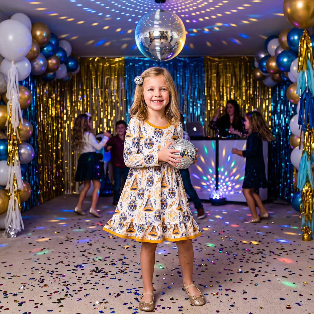 GLD1723 Disco Ball Stars Girls Happy New Year Party Long Sleeve Dress