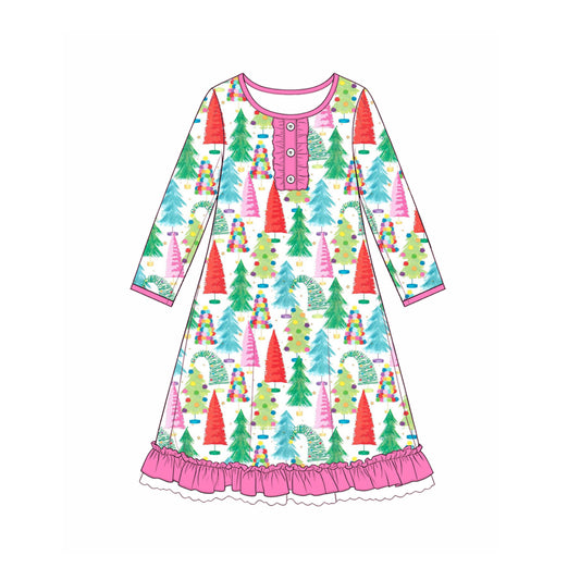 8.4 Preorder Baby Girls Christmas Tree Print Long Sleeve Gown Dress