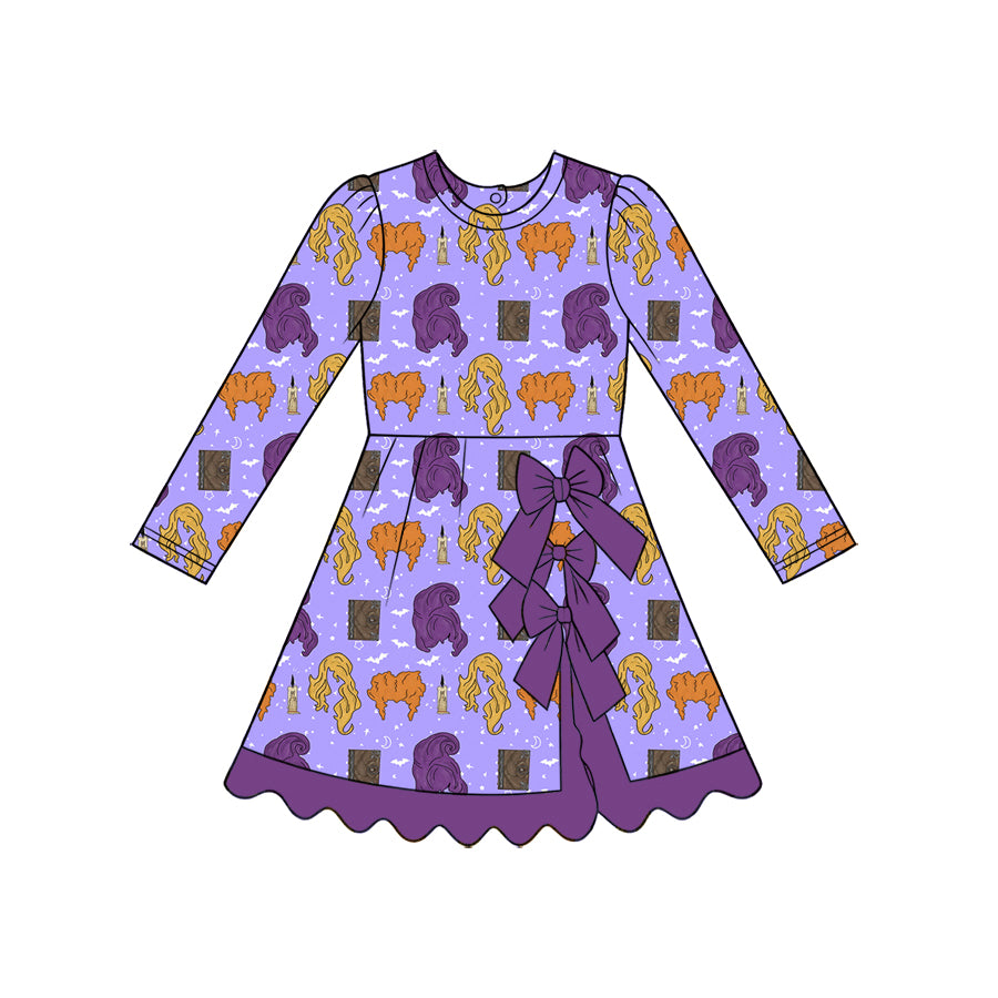 8.6 GLD1730 Preorder Witch Purple Print Girls Halloween Knee Length Yoga Dress