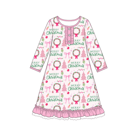 8.6 GLD1734 Preorder Tree Bows Pink Print Girls Christmas Knee Length Dress