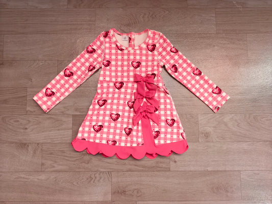 8.10 Preorder Kids Girls Pink Gingham 3D Heart Print Long Sleeve Active Dress